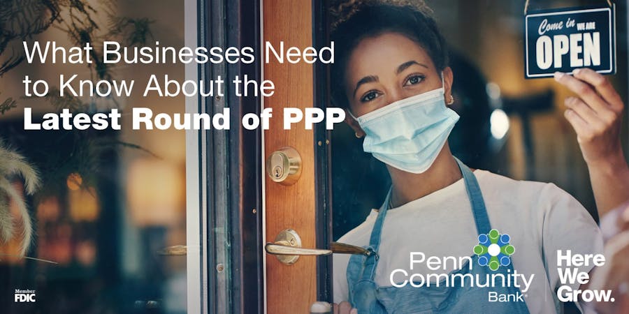 paycheck protection program, what businesses need to know image of business owner standing in doorway with a mask, flipping a sign over to say open